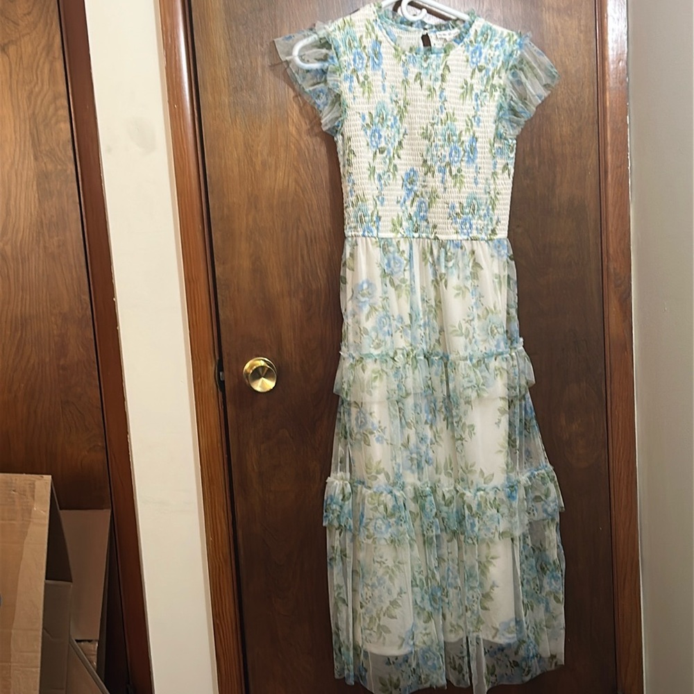 By the River Chic Floral Maxi Dress in Blue and White